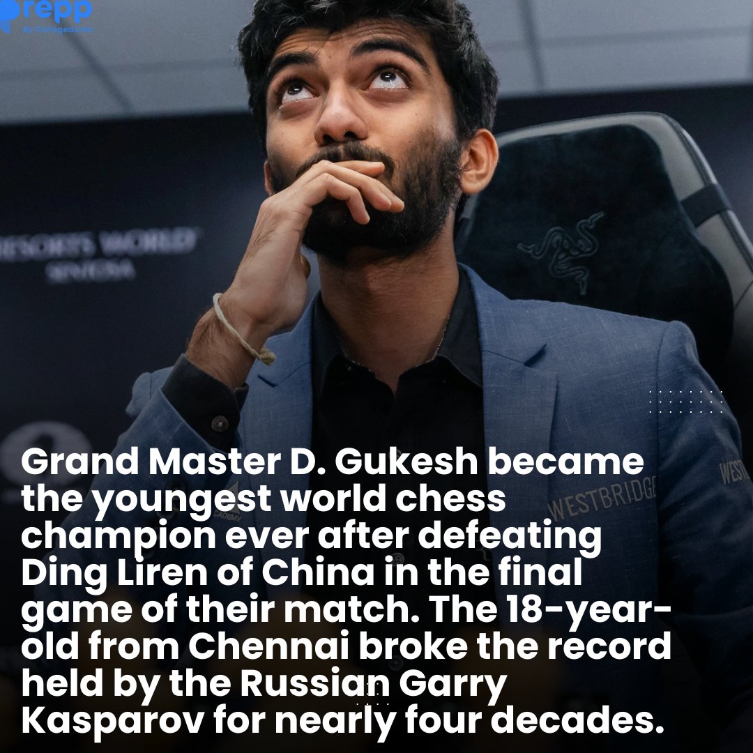 prepp_in's tweet image. Indian chess prodigy Gukesh D made history on December 12, 2024, by becoming the youngest-ever World Chess Champion at just 18 years old.
#GukeshDing #chesschampion #prepp #GukeshDommaraju