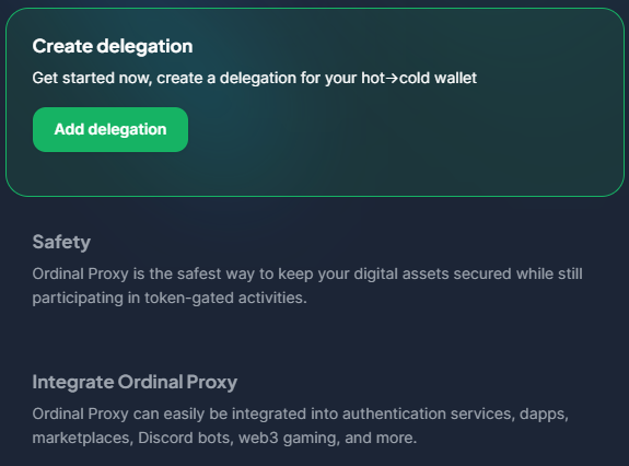 🔥 Secure your assets with ease!

Set up hot → cold wallet delegation in seconds using Ordinal Proxy. Keep your digital assets safe while staying active in token-gated activities.

🚀 Perfect for dApps, Discord bots, and Web3 gaming.

👉 Don't wait. Delegate now! #Web3