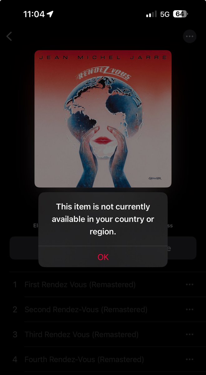ChingfordWibble's tweet photo. @jeanmicheljarre hi!!
I used to be able to listen to Rendezvous on Apple Music, but now it says it’s not available? https://t.co/UyqWlYRRwv