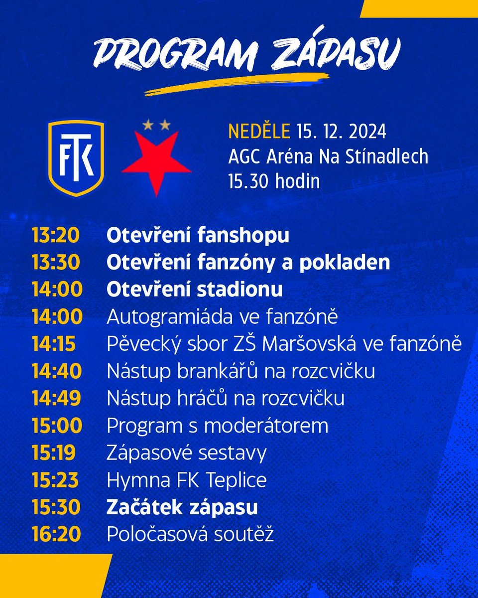 FK_Teplice's tweet photo. ℹ️ V neděli na Vás čeká následující program na Stínadlech!
🎫 Informace ke vstupenkám na zápas najdete zde ➡️ https://t.co/Wk1vff1nv3
#️⃣ #fkteplice #chanceliga #SLATEP https://t.co/JyxgeBhlfA