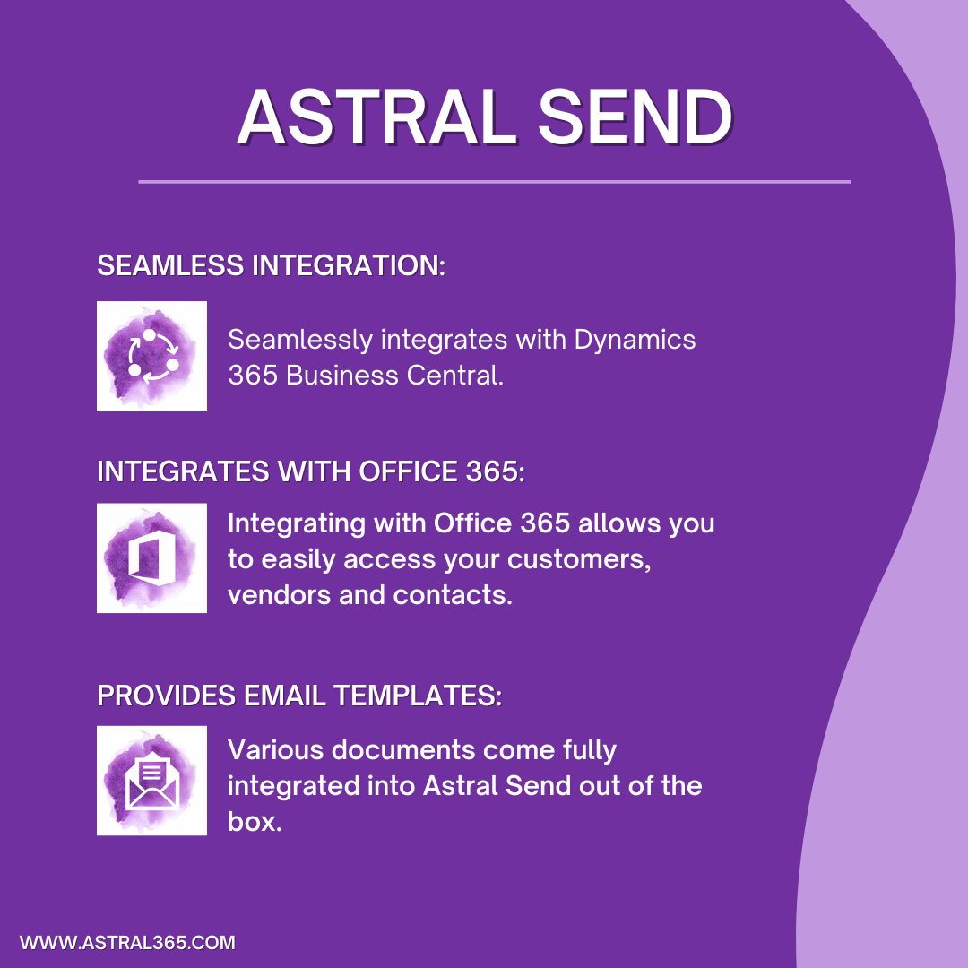 Astral_365's tweet image. Astral Send is an extension we created to automate the sending of your external facing documents via PDF 📨

The benefits of Astral Send are:
🟣Seamlessly Integrates with #BusinessCentral
🟣Integrates with Office 365
🟣Provides Email Templates

#BusinessCentralExtensions