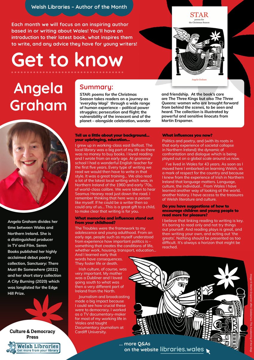 Our Author of the Month is Angela Graham!
Her poetry collection STAR lights up Christmas. At it's core are The Three Kings but also The Three Queens: women who are brought forward from behind the scenes, to be seen and heard. Angela answers our questions: 
libraries.wales/aotm/angela-gr…