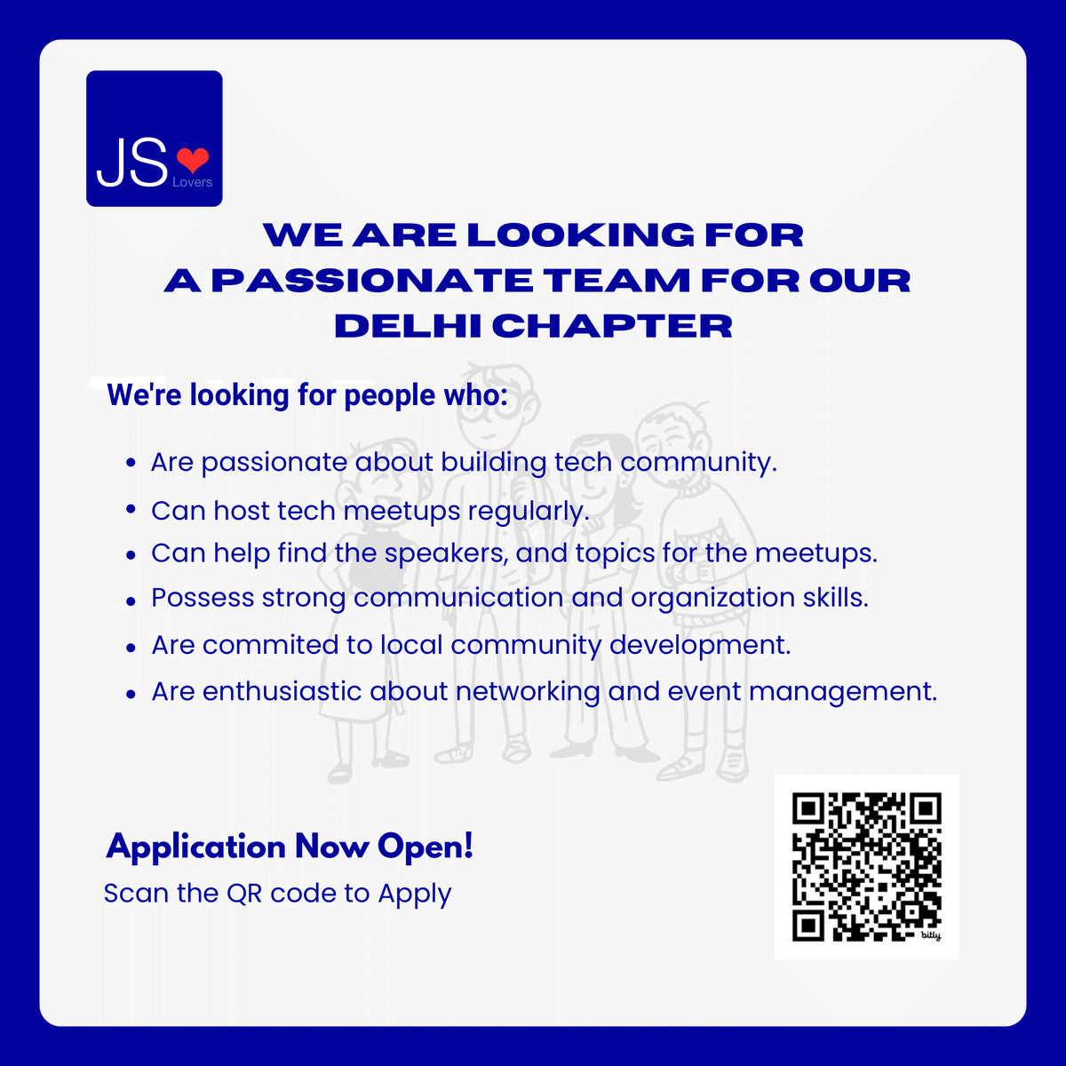 jslovers_del's tweet photo. 🌟𝗝𝗼𝗶𝗻 𝗼𝘂𝗿 @jslovers_del  𝗗𝗲𝗹𝗵𝗶 𝘁𝗲𝗮𝗺!🌟

Are you passionate about JavaScript and eager to build a vibrant tech community in Delhi? @jslovers_del  is looking for enthusiastic and dedicated team members to lead our Delhi chapter!

𝗪𝗲'𝗿𝗲 𝗹𝗼𝗼𝗸𝗶𝗻𝗴 𝗳𝗼𝗿 𝗽𝗲��𝗽𝗹𝗲 𝘄𝗵𝗼:
- Are passionate about community building.
- Can host tech meetups regularly.
- Possess strong communication and organizational skills.
- Are committed to local community development.
- Are enthusiastic about networking and event management.

𝗜𝗳 𝘁𝗵𝗶𝘀 𝘀𝗼𝘂𝗻𝗱𝘀 𝗹𝗶𝗸𝗲 𝘆𝗼𝘂, 𝗷𝗼𝗶𝗻 𝘂��� 𝗮𝗻𝗱 𝗺𝗮𝗸𝗲 𝗮 𝗱𝗶𝗳𝗳𝗲𝗿𝗲𝗻𝗰𝗲 𝗶𝗻 𝘁𝗵𝗲 𝗗𝗲𝗹𝗵𝗶 𝘁𝗲𝗰𝗵 𝘀𝗰𝗲𝗻𝗲!
🚨 𝗔𝗽𝗽𝗹𝘆 𝗛𝗲𝗿𝗲: https://t.co/2oYw1oqjk5 👈

This is a fantastic opportunity to enhance your leadership skills, expand your professional network, and make a significant impact in the tech community.

If you're ready to inspire and connect with like-minded individuals, we want to hear from you! Apply now and help us grow the JSLovers family in Delhi.

Let's make the Delhi chapter of JSLovers the best it can be! 🚀

@hellonehha @ekaspreet93 @preetiwadhwani_ @vrukshaliii @smileguptaaa @vigneshInTech 

#JSLovers #JSLoversDelhi #DelhiMeetup #JavaScriptCommunity #TechEvents #JoinUs