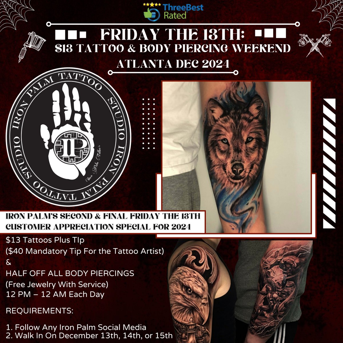threebestrated's tweet photo. 🎉Hello peeps! 😊 Friday the 13th vibes are here! Get $13 tattoos & piercings this weekend at @IronPalmTattoos@IronPalmTattoos @IronPalmTattoos, Atlanta! Dec 2024 special – don’t miss out! ✨🖤
https://t.co/eSvk54MrGI
#tattooshops #tattoo #tattoos #tattooshop #tattooartist #tattoostudio #tattoosupplies #tattooart #tattooing #tattooideas #inked #tattooer #artist #tattooshoplife #trending #trendy #loveroflife #likeforlikes #followers #trend #famous #trendsetter @followers
