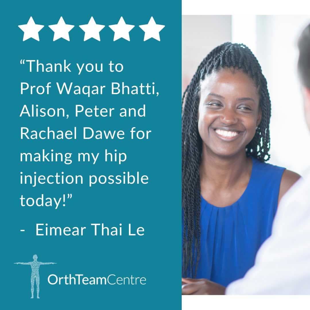 OrthT's tweet photo. Happy patient = happy Friday! ๐
Thank you to Eimear for her 5 โญ๏ธ review for Prof Bhatti @themridoc and team following her hip injection. ๐คฉ#orthteamwork
Find out how we can help you
โก๏ธ https://t.co/HBaewFTbZX
#FeedbackFriday #patientreview #PatientCare #hipinjection https://t.co/oLlVXlhtQy