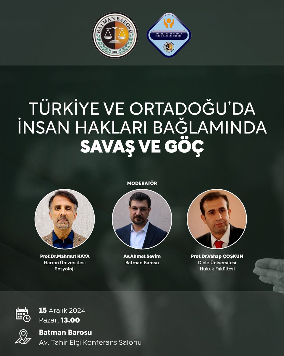 İnsan Hakları Sorunu olarak başta Suriye, Filistin, Yemen, Libya olmak üzere Ortadoğu’da yaşanan savaşları ve bu savaşların doğurduğu göçün konuşulacağı panelimize tüm halkımız davetlidir.

<a href="/vahap_coskun/">Vahap Coşkun</a>
<a href="/ahmet_sevim_/">Ahmet Sevim</a>