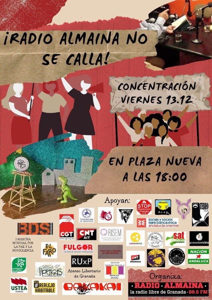Hoy a las 18.00  necesitamos vuestro apoyo en la concentración en Plaza Nueva para decirle a la Junta de Andalucía que #RadioAlmainaNoSeCalla.
Apoya a la Radio Libre de Granada, tienes toda la info de la campaña aquí:
radioalmaina.org/radio-almaina-…