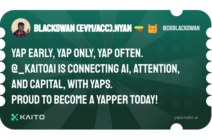 Yap early, yap only, yap often.

@_kaitoai is connecting AI, attention and capital with Yaps.

Just claimed my social card and I'm accumulating Yap points in real-time.

Claim yours 👉 yaps.kaito.ai/referral/13901…