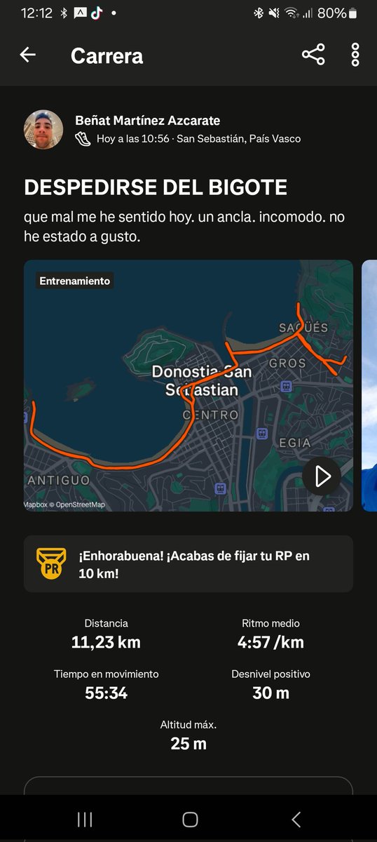 benatmartinez03's tweet photo. que dia malo. no he corrido a gusto. tenia la sensqcion de que iba lento lento y que hacia mucho esfuerzo por ir mas rapido. malo malo. a proposito, agur al bigote. me lo afeito ahora mismo. https://t.co/UfYDQPFxNQ
