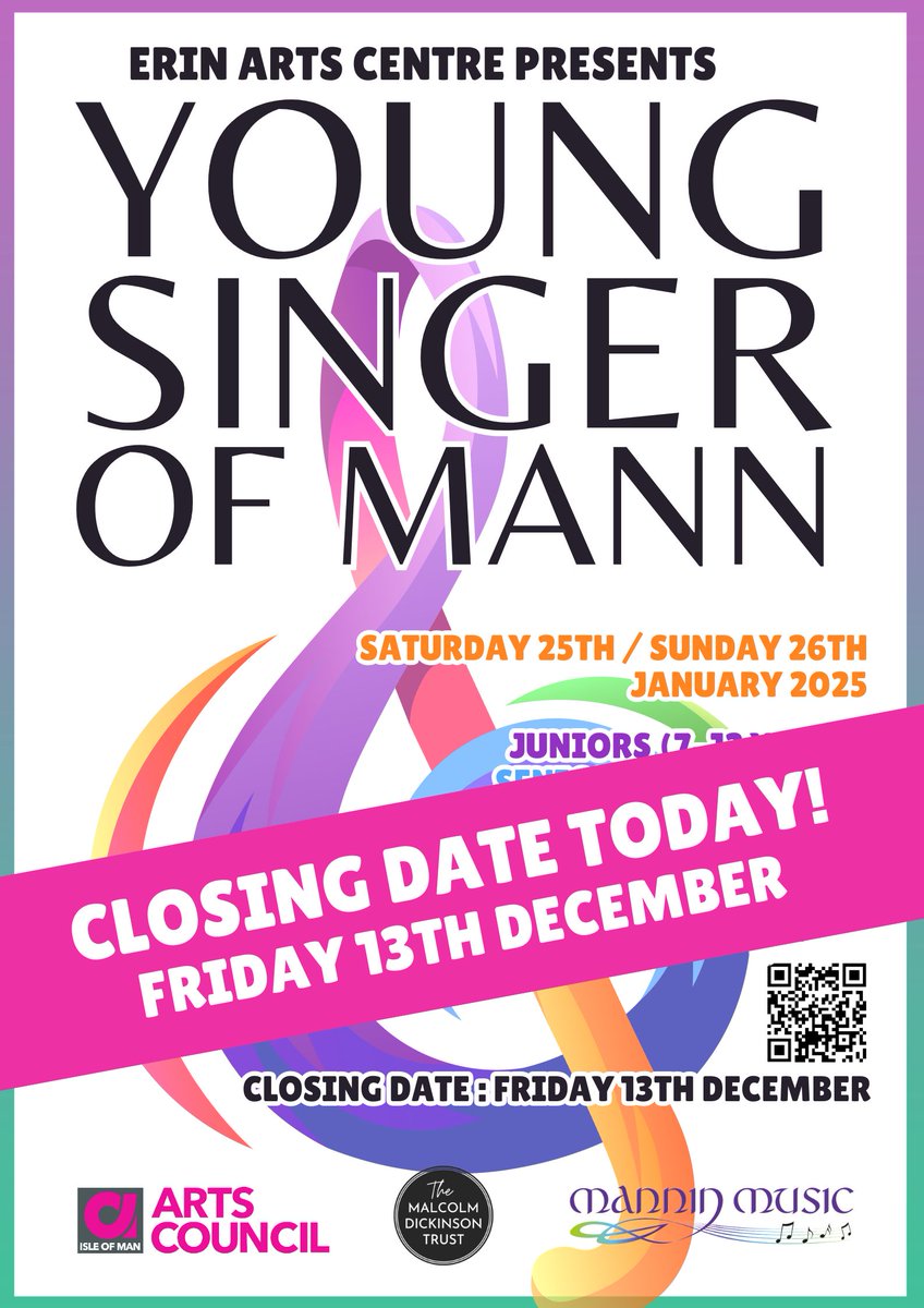 Don't forget, today is the last day for #YoungSingerofMann applications! This #FREE #competition is a great chance to let your kids perform on stage.  We'll be sending out confirmation emails today to everyone who has applied so far. Apply online: erinartscentre.com/ysom/ #iom