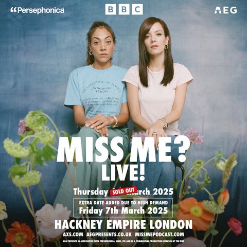 SECOND NIGHT ADDED DUE TO EXTRAORDINARY DEMAND ON FRIDAY 7th MARCH. Tickets go on sale Monday 16th December at 4pm. Sign up at missmepodcast.com to receive a link when the sale starts