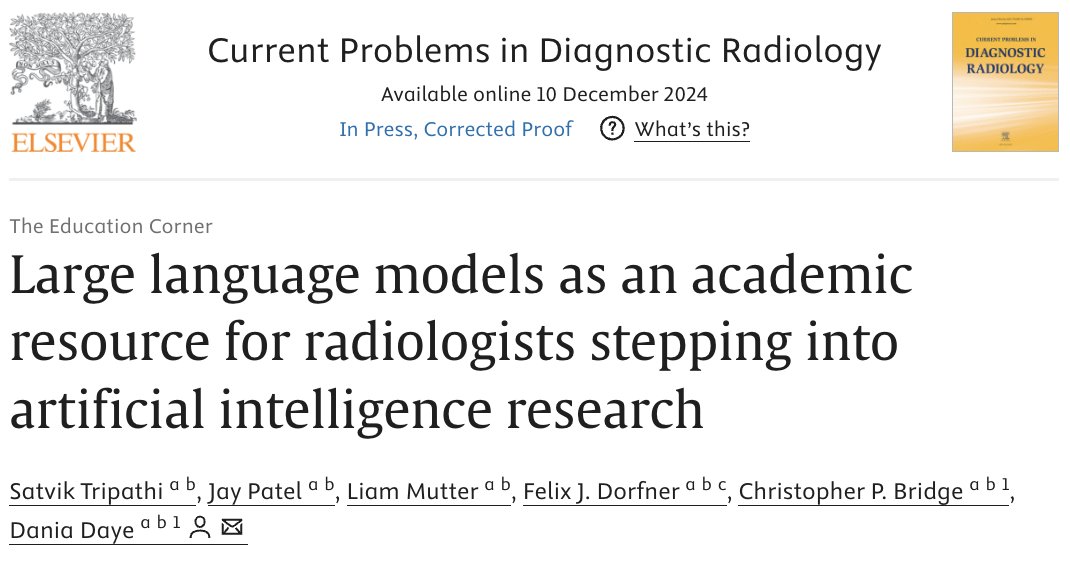 Satvik Tripathi (@satvikt_ai) on Twitter photo Can LLMs be an academic tool for radiologists stepping into AI research?
Read our latest article in <a href="/CPDRJournal/">Current Problems in Diagnostic Radiology</a>
doi.org/10.1067/j.cpra…
<a href="/DaniaDaye/">Dania Daye, MD PhD</a> <a href="/qtimlab/">QTIM Lab</a> @MGH_RI <a href="/FelixDorfner/">Felix Dorfner</a> Can LLMs be an academic tool for radiologists stepping into AI research?
Read our latest article in <a href="/CPDRJournal/">Current Problems in Diagnostic Radiology</a>
doi.org/10.1067/j.cpra…
<a href="/DaniaDaye/">Dania Daye, MD PhD</a> <a href="/qtimlab/">QTIM Lab</a> @MGH_RI <a href="/FelixDorfner/">Felix Dorfner</a>