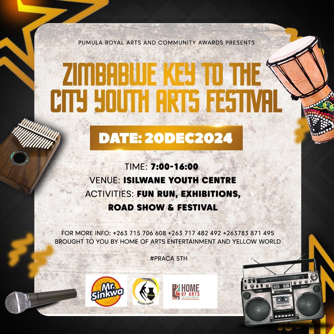 JOIN US! Zimbabwe Key to the City Youth Arts Festival on Dec 20, 2024! Zumba, Fun Run, Exhibitions &amp; more! Isilwane Youth Centre &amp; Pumula East/North #ZimbabweKeyToTheCity #YouthArtsFestival