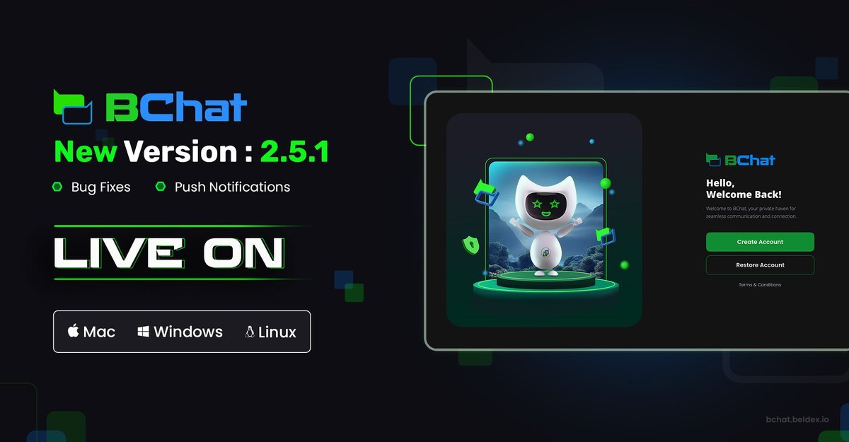 BChat for Desktop V.2.5.1 is Live!🚀 

Always stay in the loop with our latest update—BChat now features push notifications on desktop!
We also squashed some bugs while we were at it!

Update your #BChat now👇
Linux deb:  deb.beldex.io/Beldex-project…
Linux appImage: