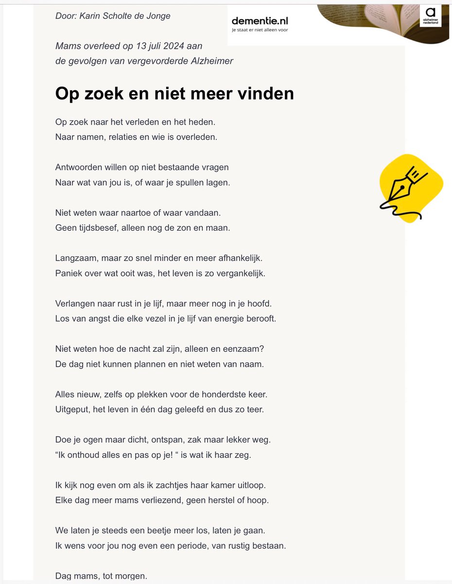 Wat ‘mooi’! 
Het postvak van je e-mail openen en dan het  door mij geschreven gedicht treffen in de nieuwsbrief Alzheimer Nederland over mijn onlangs overleden moeder. 
Toch weer even een brok in mijn keel.❤️
Dank <a href="/alzheimernl/">Alzheimer Nederland</a> voor plaatsen.
#dementie #Alzheimer 
Dag lieve mams!