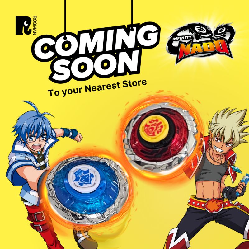 RosmanME's tweet photo. Get ready to spin into action! Infinity Nado is coming soon to your nearest store🔥 These awesome spinning tops bring the heat with epic battles and cool tricks. 

#InfinityNado #SpinningTops #BattleGames #ComingSoon https://t.co/5b9wmSbPQP