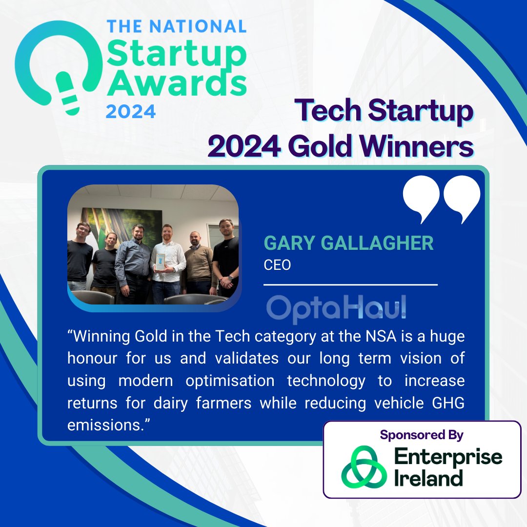 Gary Gallagher CEO <a href="/optahaul/">OptaHaul</a> expressed immense gratitude and pride after winning the Tech Startup 2024 Gold Award, proudly sponsored by <a href="/Entirl/">Enterprise Ireland</a>   🏆 ✨
#yourstartupjourney #Startups #SUA2024 #NSA2024 #nationalstartupawards2024