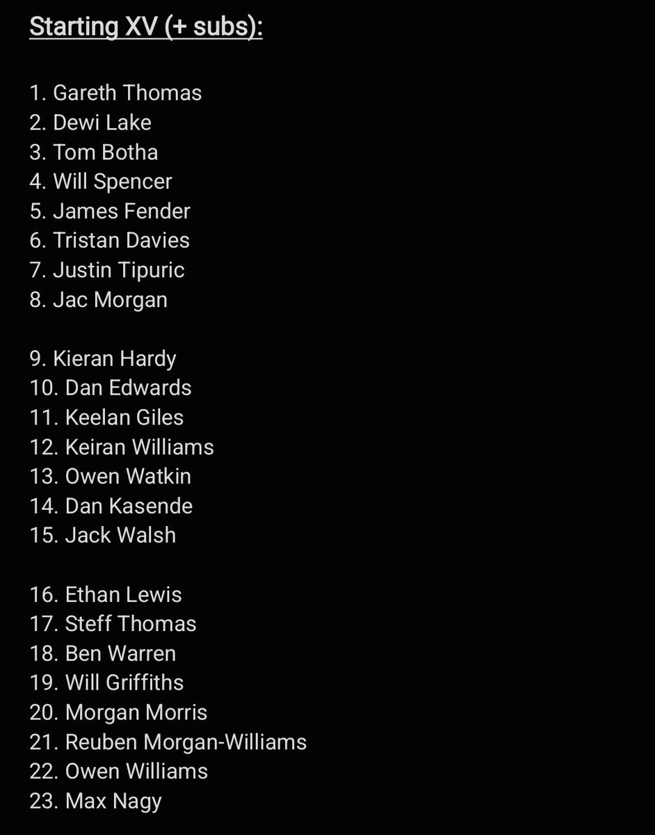 rhodri_gethin's tweet photo. My team selection for Ospreys v Montpellier. A few changes from what I said on the pod, based on Toby's injury updates yesterday 👇🏼

1. G. Thomas
2. Lake
3. Botha
4. Spencer
5. Fender
6. T. Davies
7. Tips
8. Jac

9. Hardy
10. Dan Eds
11. Keelan
12. Keith
13. Watkin
14. Kasende
15. Walsh