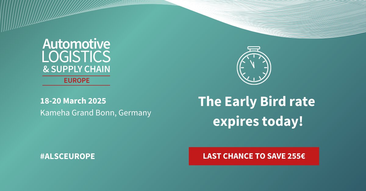 ⏳ Last chance to secure your discounted pass for Automotive Logistics &amp; Supply Chain Europe!

🔗 Secure your Early Bird ticket and save 255€: eventbooking.uk.com/alsceurope25/

The offer expires today, 13 December! 

#ALSCEUROPE #AutomotiveLogistics