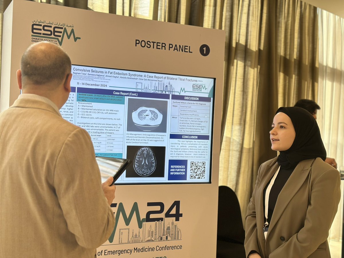 MunaAljallaf's tweet photo. We are proud of our Dubai Health Emergency Medicine residents for their outstanding presentations at ESEM24. Dr. Nagham Toba showcased a poster titled “Convulsive Seizures in Fat Embolism Syndrome: A Case Report of Bilateral Tibial Fractures.” @UAE_ESEM @DubaiHealthae https://t.co/anvRXBtfLP