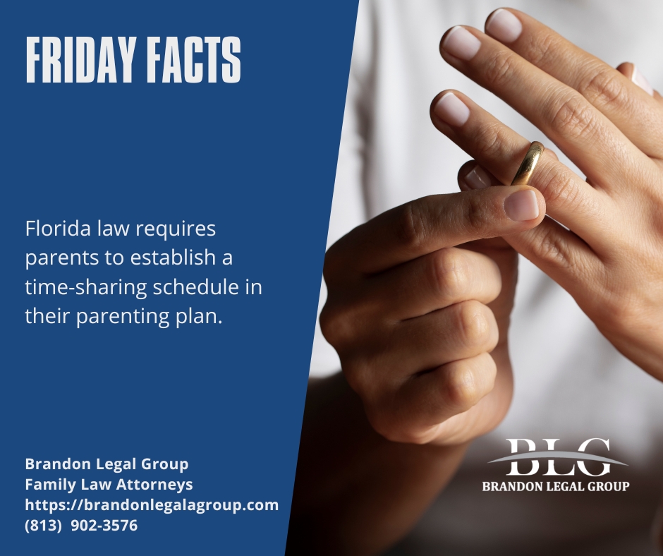 BrandonLegal's tweet photo. FRIDAY FACTS 

Florida law requires parents to establish a time-sharing schedule in their parenting plan. 

Brandon Legal Group 
Family Law Attorneys 
https://t.co/CNz8wzm8cW 
(813) 902-3576 https://t.co/UY892Fwoqe