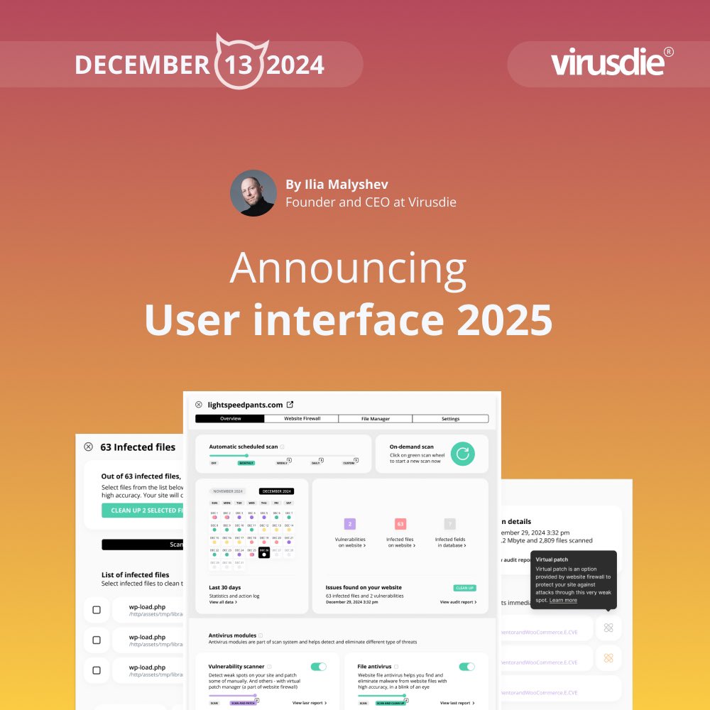 Announcing the new Virusdie UI 2025 - the biggest UI rebuild since 2014! Coming in Q1 2025!

virusdie.com/blog/new-virus…

#virusdie #facebook #wordpress #cybercrime #cybersecurity #infosec #websecurity #malware #Ransomware #Vulnerability #Phishing #code #hacked #web #antivirus