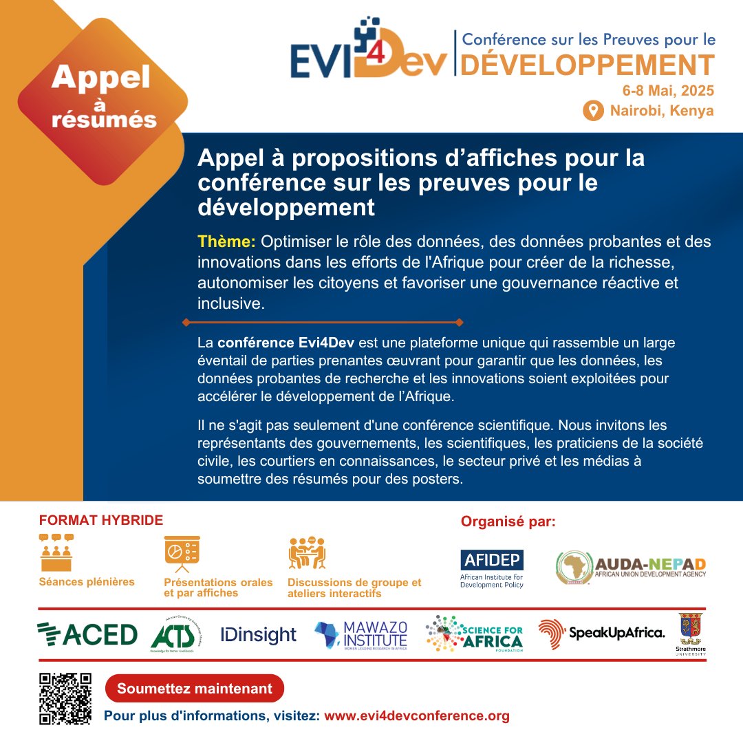 Afidep's tweet photo. Partagez vos conclusions sur #EvidenceforDevelopment !
Envoyez vos résumés pour les sessions d'affiches à la #ConférenceEvi4Dev, qui se tiendra du 6 au 8 mai 2025, et participez à façonner le développement de l'Afrique grâce aux données, aux données probantes et aux innovations !
Visitez https://t.co/ihhkWS1qYm pour en savoir plus et soumettre.
Date limite : 31 janvier 2025
#Evi4Dev2025 #Agenda2063 #ODD #IST# EIP#EIDM #InnovationAfrique #DéveloppementDel’Afrique