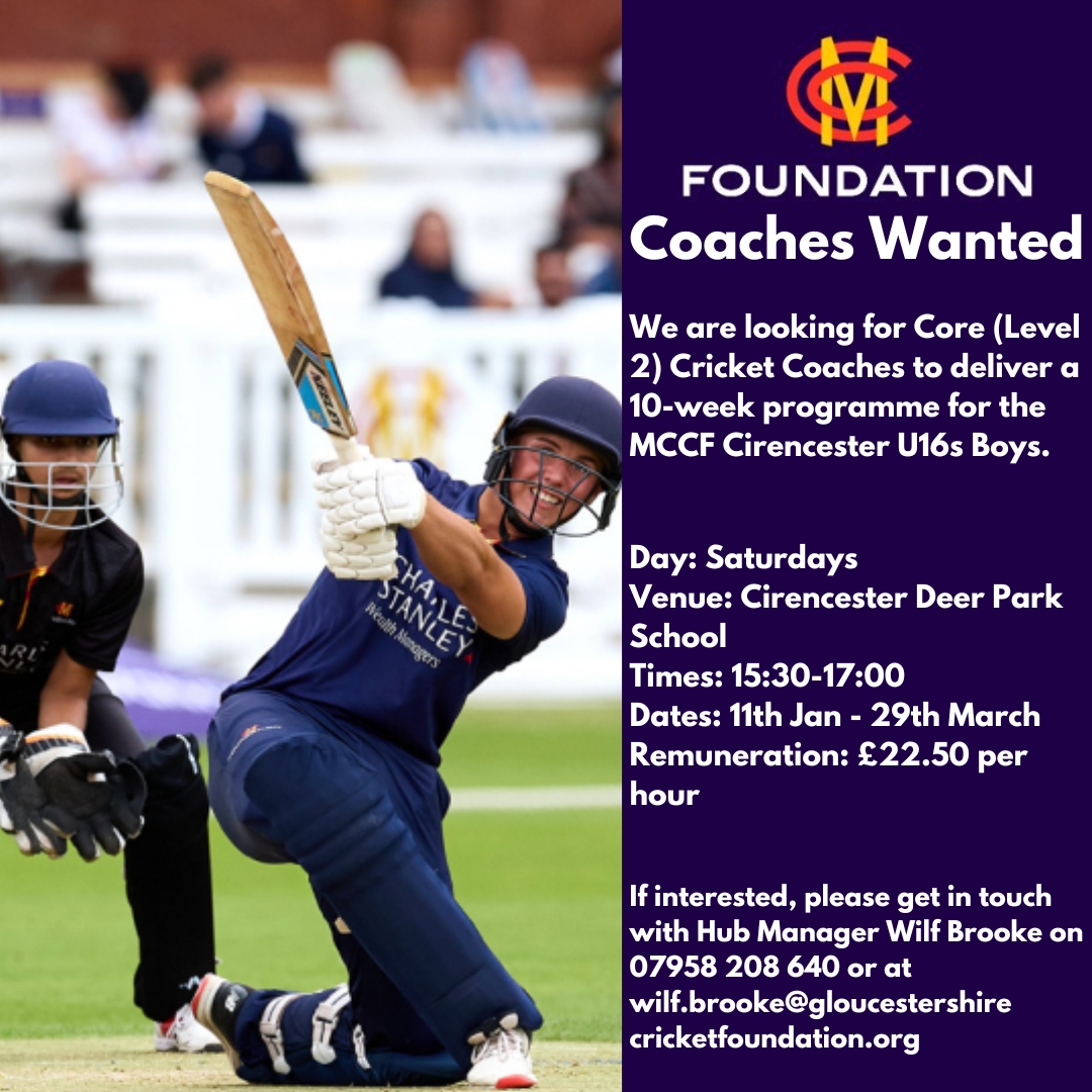 GlosCricketFdn's tweet photo. On the lookout for Coaches for our U16s Boys Cirencester Hub. If interested, get in touch with Wilf Brooke. https://t.co/K3ykAABf3W
