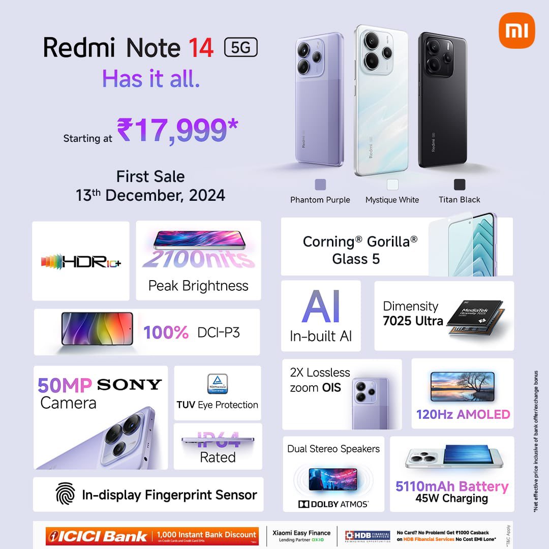 a9mobiles's tweet photo. #RedmiNote14 5G Series Now Available In All Variants!

Packed with everything you’ve been waiting for. 
Starting at ₹17,999*. 

1000/- Instant Discount With ICICI and HDFC Cards**

Exciting Gifts with every Purchase.

Call- 9967694999

#A9Mobiles #Kalbadevi
#Xiaomi https://t.co/8jswDSEKjZ
