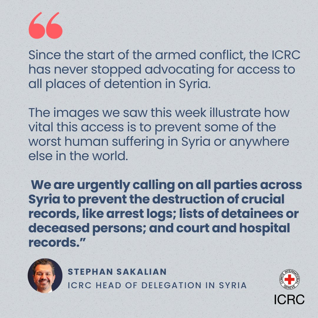 In the past 13 years, we have registered 35,000 cases of people who have gone missing in Syria. Behind every case is a family’s pain. We call on all parties to prevent the destruction of crucial records.

<a href="/SSakalianICRC/">Stephan Sakalian</a>, head of delegation in Syria 👉🏽 ms.spr.ly/6010ouogo