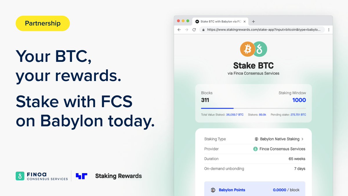 🚀We’re thrilled to partner with <a href="/StakingRewards/">Staking Rewards</a> to offer seamless Bitcoin staking on <a href="/babylonlabs_io/">Babylon</a> 

Over 37k BTC are staked already, making up 0.20% of all BTC!
Secure, self-custodial, and rewarding—stake your BTC with us today! 
➡️stakingrewards.com/stake-app?inpu…