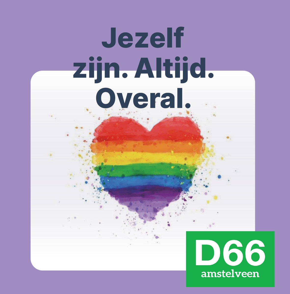Iedereen moet zichzelf kunnen zijn. Altijd en overal.

Helaas is de LHBTIQ+ acceptatie niet vanzelfsprekend. Pas geleden riep D66 in de raad op om met een stevigere aanpak de acceptatie te vergroten. Vooral onder jongeren. Hier wordt werk van gemaakt.

Fijne paarse vrijdag!

💜💜