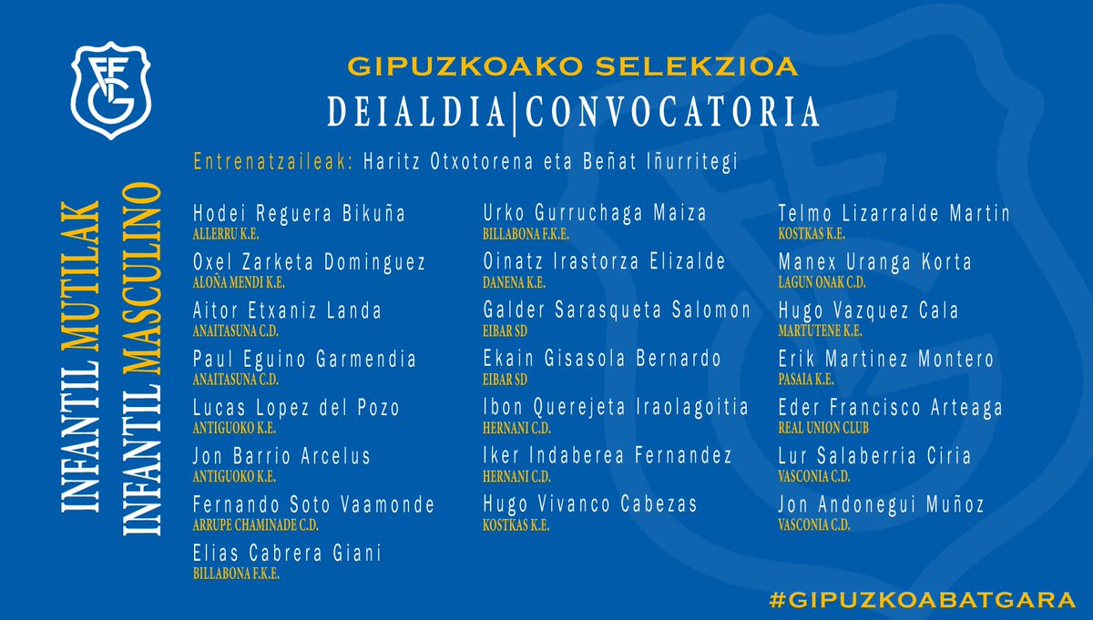 gipuzkoafutbola's tweet image. 🔵⚪️ 𝐈𝐍𝐅𝐀𝐍𝐓𝐈𝐋 𝐌𝐔𝐓𝐈𝐋𝐄𝐍 𝐆𝐈𝐏𝐔𝐙𝐊𝐎𝐀𝐊𝐎 𝐒𝐄𝐋𝐄𝐊𝐙𝐈𝐎𝐀

Hona hemen Haritz Otxotorena eta Beñat Iñurritegi hautatzaileek deitu dituzten jokalariak.

🔗 lc.cx/SIDhX7

#GipuzkoaBatGara