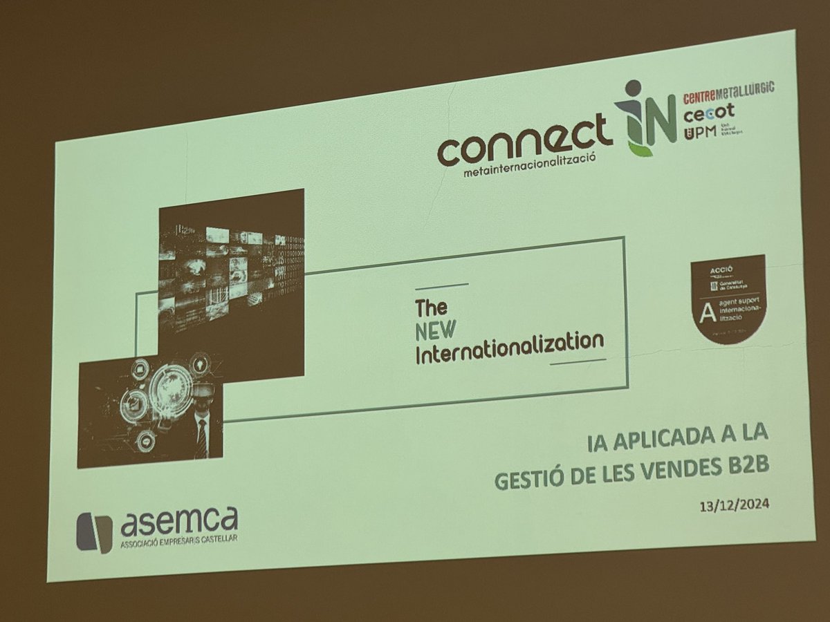 asemca_'s tweet photo. Avui parlem d’Intel•ligència Artificial aplicada a la gestió de vendes B2B amb les empreses d’ASEMCA conduit per Alicia López Carles del nostre servei d’internacionalització Connect-IN #ia https://t.co/EpoH17fd1s