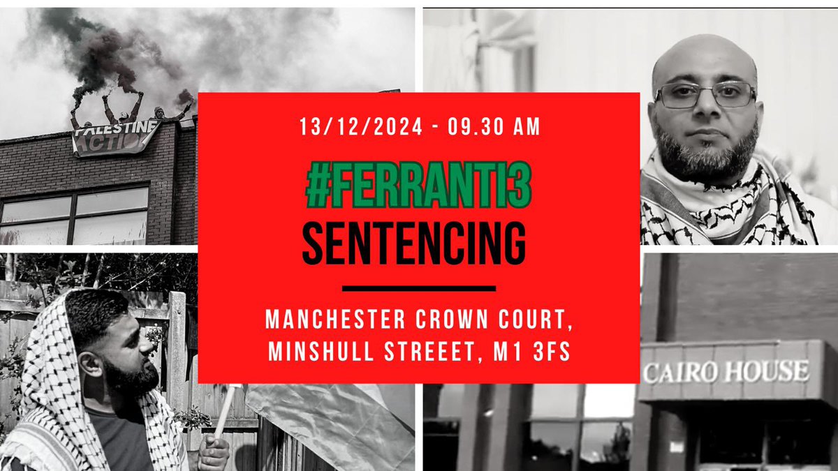 GMF_Palestine's tweet photo. ⚠️ SHOCKING SENTENCING OF THE #FERRANTI3 ⚠️

We are deeply disappointed to share the outcomes of today’s sentencing for the Ferranti 3:
   •   Ali: 2 years suspended
   •   Shaby: 2 years immediate custodial sentence
   •   Michael: 18 months community order (in his absence) https://t.co/VO1GaSFcBy