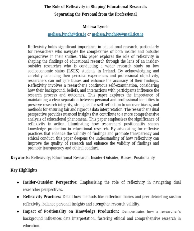 Melissa Lynch (O'Shea) (@mellynch87) on Twitter photo Nice way to finish off <a href="/DCU/">Dublin City University</a> Semester 1 24/25 with a new publication 📝 from the <a href="/DCU_IoE_PGSR/">DCU Postgraduate Research (IoE)</a> Unconference 2024. Thank you to the <a href="/DCU_IoE/">DCU Institute of Education</a> , <a href="/ppdcuioe/">School of Policy and Practice: DCU IOE</a>, <a href="/janemurnaghan/">Jane Murnaghan (O'Kelly) SFHEA</a>, <a href="/fiona_king_/">Fiona King</a>, <a href="/lehane_paula/">Paula Lehane</a> and <a href="/alangorman22/">Alan Gorman</a> for all your guidance and support.
The Role of Reflexivity in Nice way to finish off <a href="/DCU/">Dublin City University</a> Semester 1 24/25 with a new publication 📝 from the <a href="/DCU_IoE_PGSR/">DCU Postgraduate Research (IoE)</a> Unconference 2024. Thank you to the <a href="/DCU_IoE/">DCU Institute of Education</a> , <a href="/ppdcuioe/">School of Policy and Practice: DCU IOE</a>, <a href="/janemurnaghan/">Jane Murnaghan (O'Kelly) SFHEA</a>, <a href="/fiona_king_/">Fiona King</a>, <a href="/lehane_paula/">Paula Lehane</a> and <a href="/alangorman22/">Alan Gorman</a> for all your guidance and support.
The Role of Reflexivity in