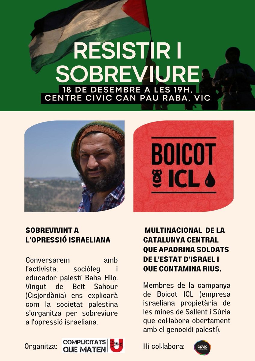 proucomplicitat's tweet photo. ❗ ICL i complicitat acadèmica

Sabies que ICL, vinculada a l’ocupació israeliana, col·labora amb @UVic_CampusManresa? 

Vine a escoltar al sociòleg palestí Baha Hilo, vingut de Cisjordània ocupada i la campanya #BoicotICL

📢 18D, 19 h, Can Pau Raba (Vic) https://t.co/cMlIvWWUld