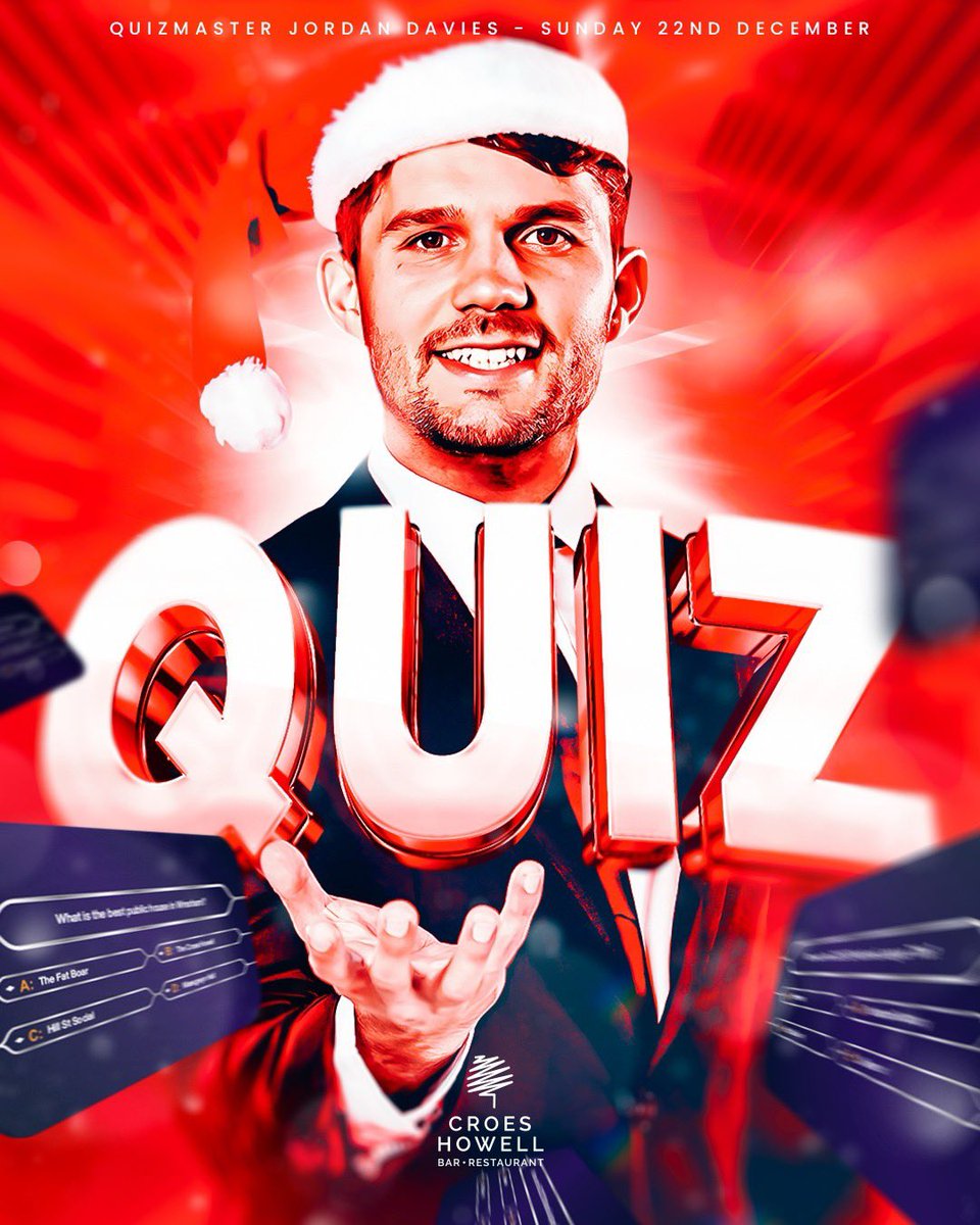 🎄❓FESTIVE - QUIZ - NIGHT ❓🎄

Hosted by the Quizmaster himself, Jordan Davies... 👀

🗓️ Sunday 22nd December
⏱️ 8pm Start
📝 £2.50 per person entry
🍽️ Half-time curry included

BOOK NOW 😜