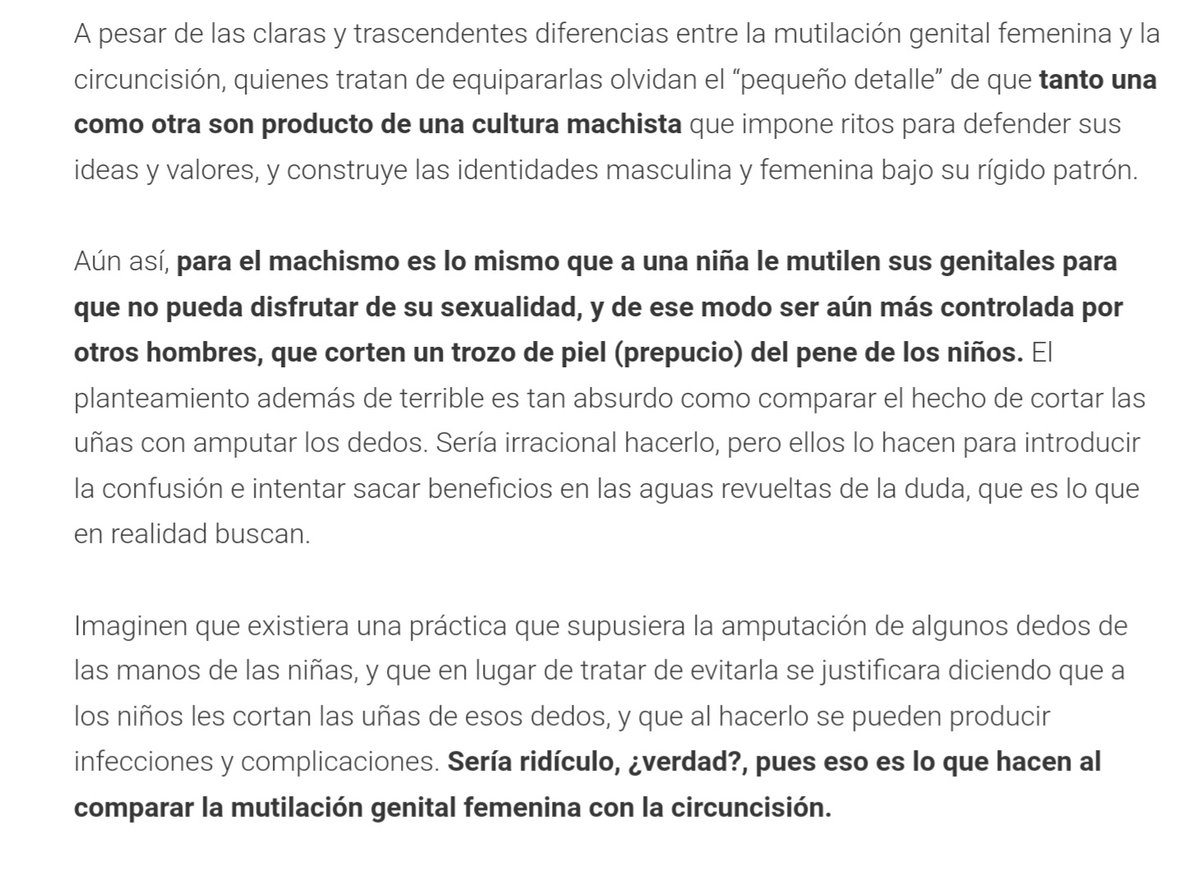 En busca de datos respecto a la circuncisión me he encontrado este artículo escrito por un feministo. Para él la circuncisión es el equivalente a cortarse las uñas, como si no murieran personas y las terminaciones nerviosas sensibles se recuperaran. 
miguelorenteautopsia.wordpress.com/2015/02/10/mut…