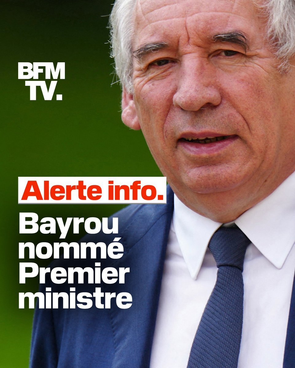 BFMTV's tweet photo. 🔴 ALERTE INFO
François Bayrou nommé Premier ministre par Emmanuel Macron https://t.co/3ieT7QPp7f https://t.co/2vTak5RfjI