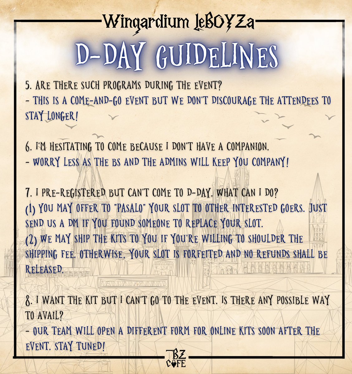 tbzscafe's tweet photo. Following the instruction will cast the correct spell! 🔮

THE Bs, here are the D-DAY Guidelines to help us have a smooth day tomorrow. See you! 🫶

#WingardiumLeBOYZa https://t.co/FnlcNIsOAA