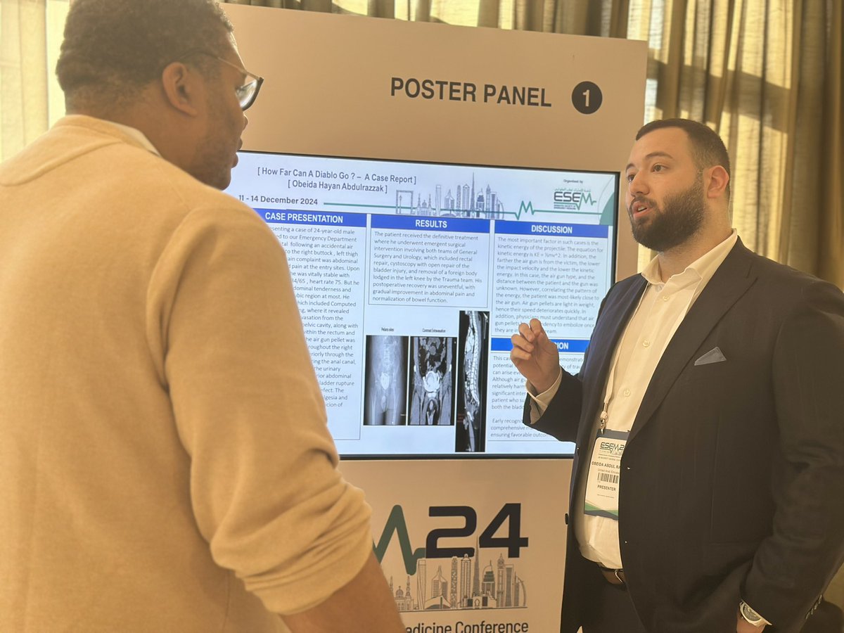 MunaAljallaf's tweet photo. We are proud of our Dubai Health Emergency Medicine residents for their outstanding presentations at ESEM24. Dr. Obeida Abdulrazzak showcased a poster titled “How Far A Diablo Can Go - Case Report”. @UAE_ESEM @DubaiHealthae https://t.co/zmQmtWcrff