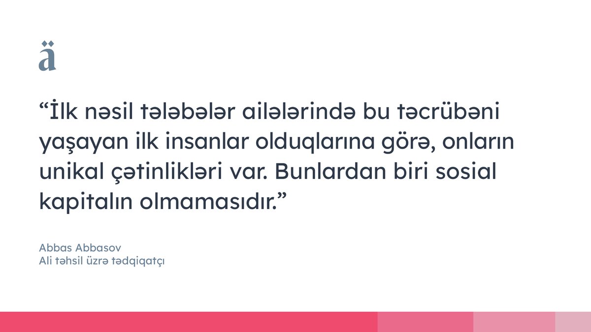 Ali təhsil tədqiqatçısı Abbas Abbasovun “İlk nəsil tələbələr kimlərdir?” mövzusunda çıxışını YouTube kanalımızda izləyə, Spotify və Apple Podcasts vasitəsilə dinləyə bilərsiniz.