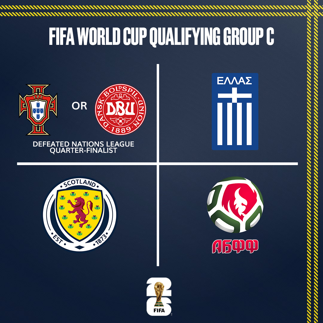 We've been drawn in Group C for <a href="/FIFAWorldCup/">FIFA World Cup</a> qualifying:

🇵🇹/🇩🇰 Portugal or Denmark
🇬🇷 Greece
🏴󠁧󠁢󠁳󠁣󠁴󠁿 Scotland
🇧🇾 Belarus