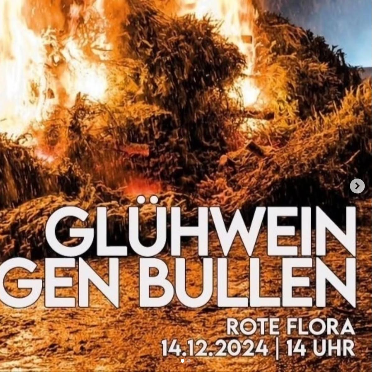 Samstag, 14.12.2024: Glühwein gegen Bullen - Wintermarkt und Budenzauber. Ab 14 Uhr öffnet sich der Flora Garten. Es gibt es u.a. Kinderprogramm, Glühwein, Krimskams, etc. 
Soli für Antirepressionsarbeit
Mehr Infos unter: rote-flora.de/veranstaltung/…