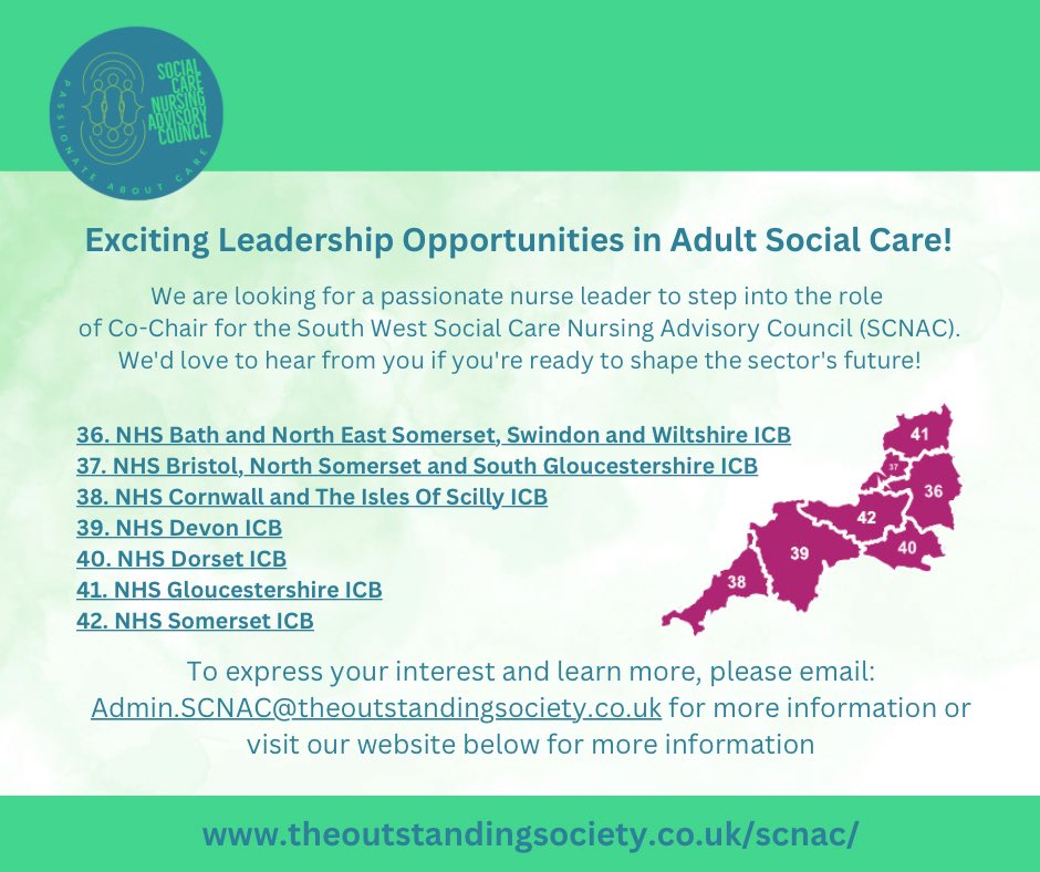 SCNACs (Social Care Nursing Advisory Councils) (@scnacsoffical) on Twitter photo Exciting Leadership Opportunities in Adult Social Care!
We are looking for passionate nurse leaders to step into the role of Co-Chair for the South West.
We'd love to hear from you if you're ready to shape the sector's
Email: admin.scnac@theoutstandingsociety.co.uk Exciting Leadership Opportunities in Adult Social Care!
We are looking for passionate nurse leaders to step into the role of Co-Chair for the South West.
We'd love to hear from you if you're ready to shape the sector's
Email: admin.scnac@theoutstandingsociety.co.uk