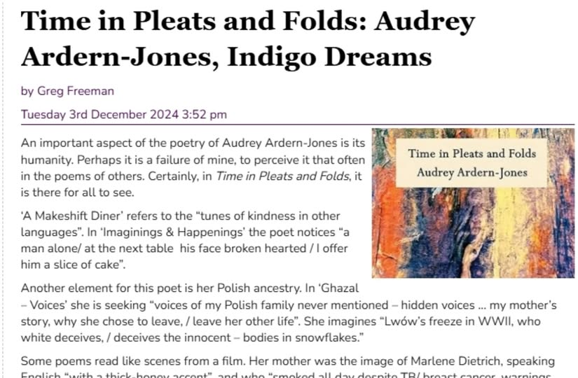 AnneMarie_Fyfe's tweet photo. '...unique perspective and wisdom...' Great review of Audrey Ardern-Jones's latest #IndigoDreams collection in #WriteOutLoud @wolpoetry (in which, incidentally, the reviewer notes Audrey's grateful acknowledgement of our #CoffeeHousePoetry workshops!) https://t.co/7JGVpnzG17 https://t.co/y7SYgBZXWs