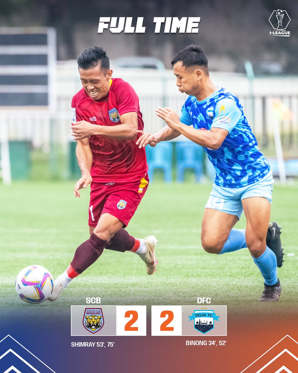INDWomensLeague's tweet photo. Stephane Binong and Thomyo L Shimray exchange braces as @SCBengaluru and @Delhi_FC settle for a point after a high-octane battle ⚔️

#SCBDFC #ILeague #IndianFootball ⚽️ https://t.co/wWCopoIGMv