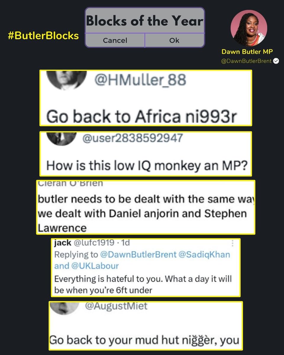 DawnButlerBrent's tweet photo. My Block of the Week has raised awareness of vile racism &amp; abuse on social media. I'm grateful for all who #BackButler with positivity🥰. Love will conquer hate.

Before Xmas, I'll highlight uplifting msgs. My last #ButlerBlocks of 2024, here's some of the worst abuse sent to me. https://t.co/wjhXEZ4kV2