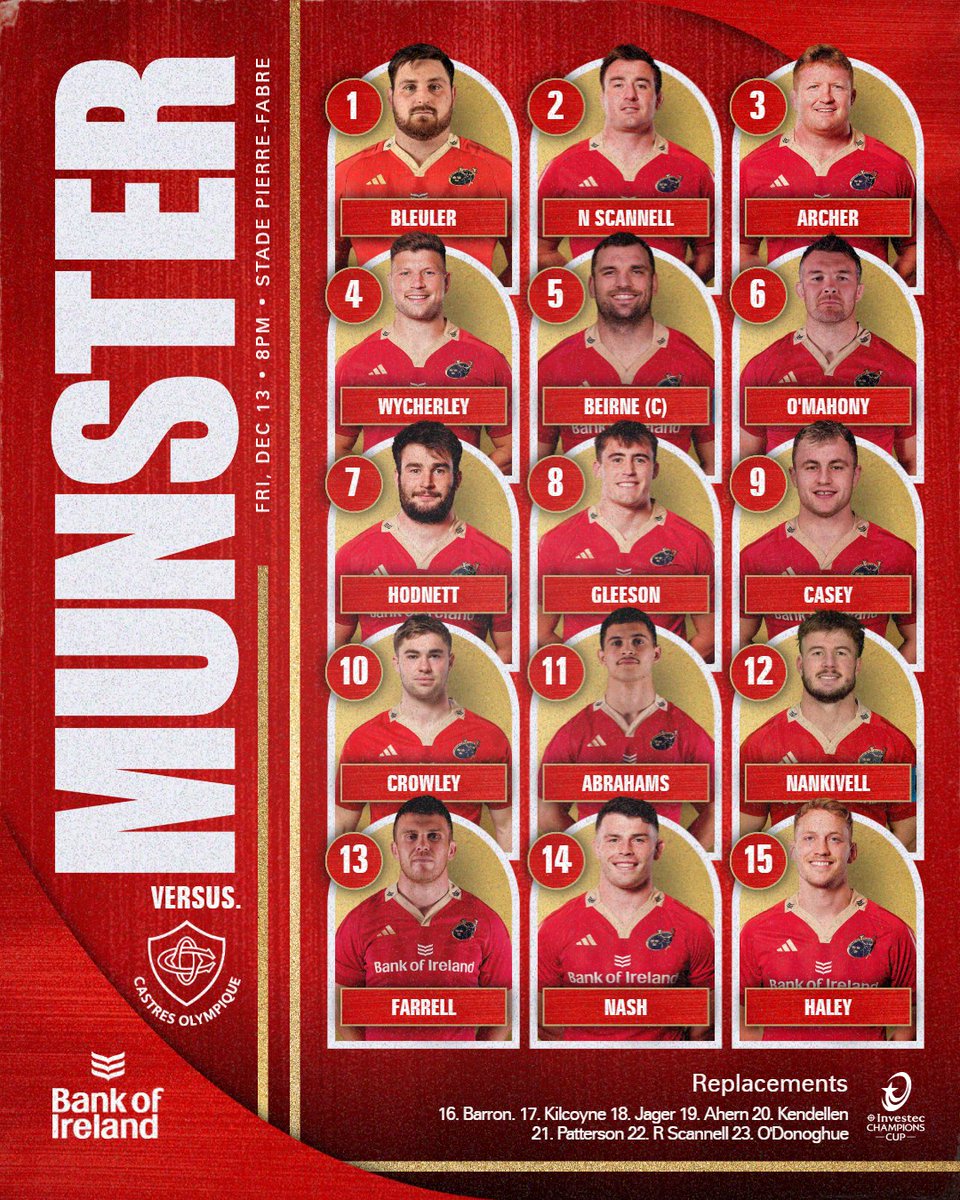 Munsterrugby's tweet image. A reminder of the team to face Castres Olympique this evening 👇

#SUAF 🔴 | #COvMUN | 8pm Kick-Off